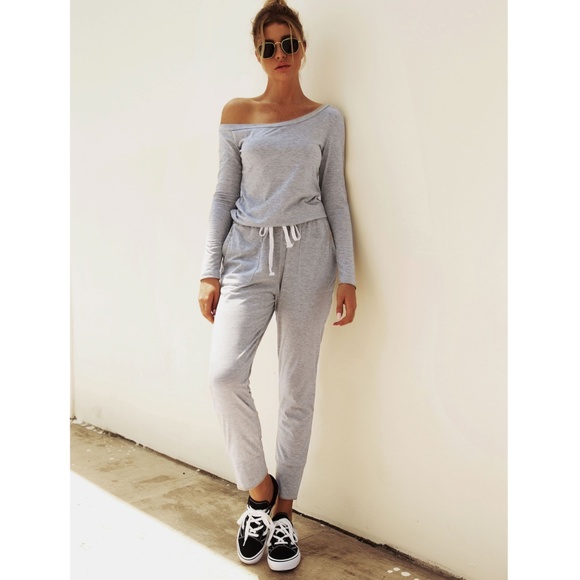 Off Shoulder Contrast Drawstring Grey Jumpsuit - Picture 7 of 12
